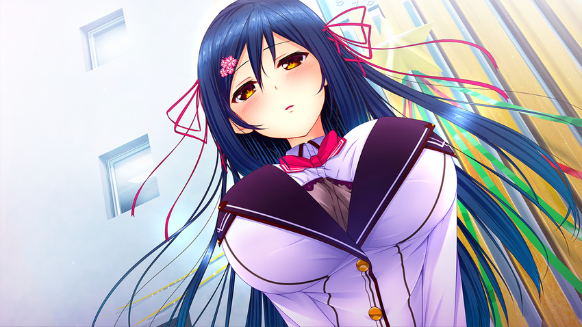 bangs blazer blue_hair blush bow bowtie breasts building buttons cherry_blossoms come_hither dutch_angle game_cg hair_between_eyes hair_ornament hair_ribbon hairclip half-closed_eyes jacket kagami_suzuha lace large_breasts long_hair long_sleeves looking_at_viewer multicolored multicolored_eyes orange_eyes outdoors parted_lips purple_eyes ren'ai_phase ribbon school_uniform solo star upper_body usume_shirou v_arms very_long_hair window