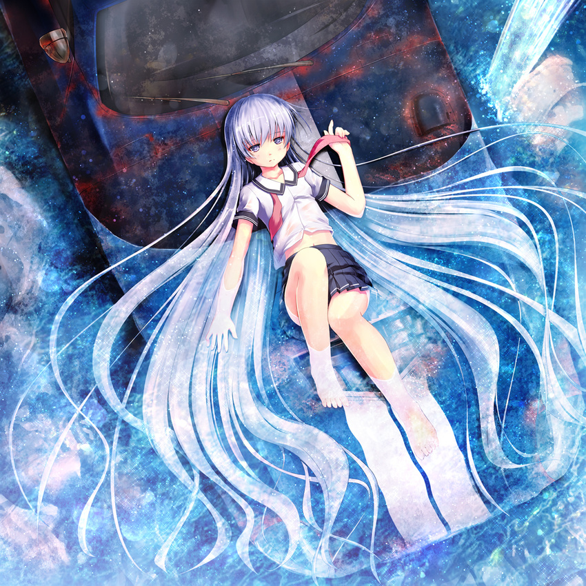 aruciii barefoot car ground_vehicle highres long_hair lying motor_vehicle on_back on_vehicle original partially_submerged school_uniform serafuku silver_eyes silver_hair solo very_long_hair water