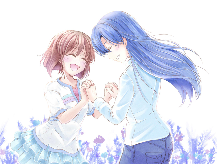 blue_hair blush brown_hair closed_eyes hagiwara_yukiho highres holding_hands idolmaster idolmaster_(classic) izuki_(toneya) kisaragi_chihaya long_hair multiple_girls open_mouth short_hair sketch smile