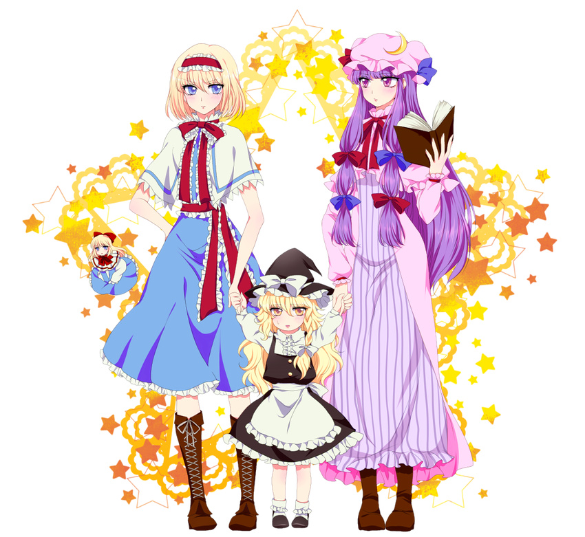 alice_margatroid apron arms_up blonde_hair blue_dress blue_eyes book boots bow braid brown_footwear capelet crescent cross-laced_footwear doll dress eye_contact full_body hair_bow hair_ornament hair_ribbon hairband hat hat_bow hat_ribbon holding_hands kirisame_marisa knee_boots lace-up_boots long_hair long_sleeves looking_at_another maruta_(shummylass) mob_cap multiple_girls open_book patchouli_knowledge puffy_sleeves purple_eyes purple_hair ribbon sash shanghai_doll shirt shoes short_hair side_braid single_braid skirt skirt_set socks star striped striped_dress touhou vest waist_apron white_legwear witch_hat yellow_eyes younger