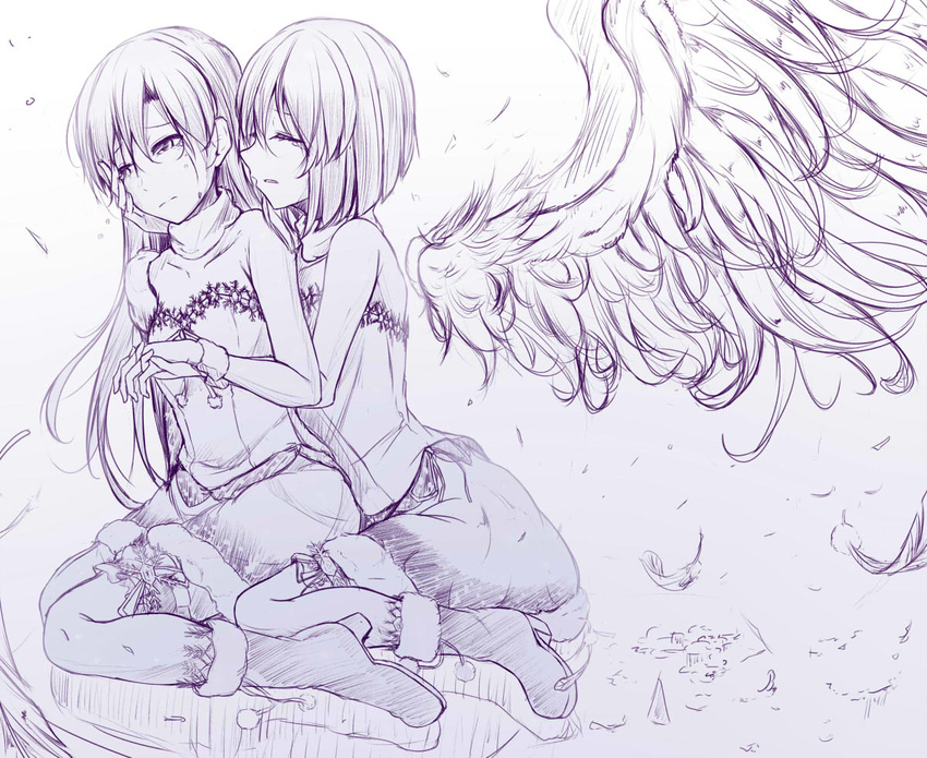 angel_wings hagiwara_yukiho holding_hands idolmaster idolmaster_(classic) izuki_(toneya) kisaragi_chihaya long_hair monochrome multiple_girls short_hair tears wings