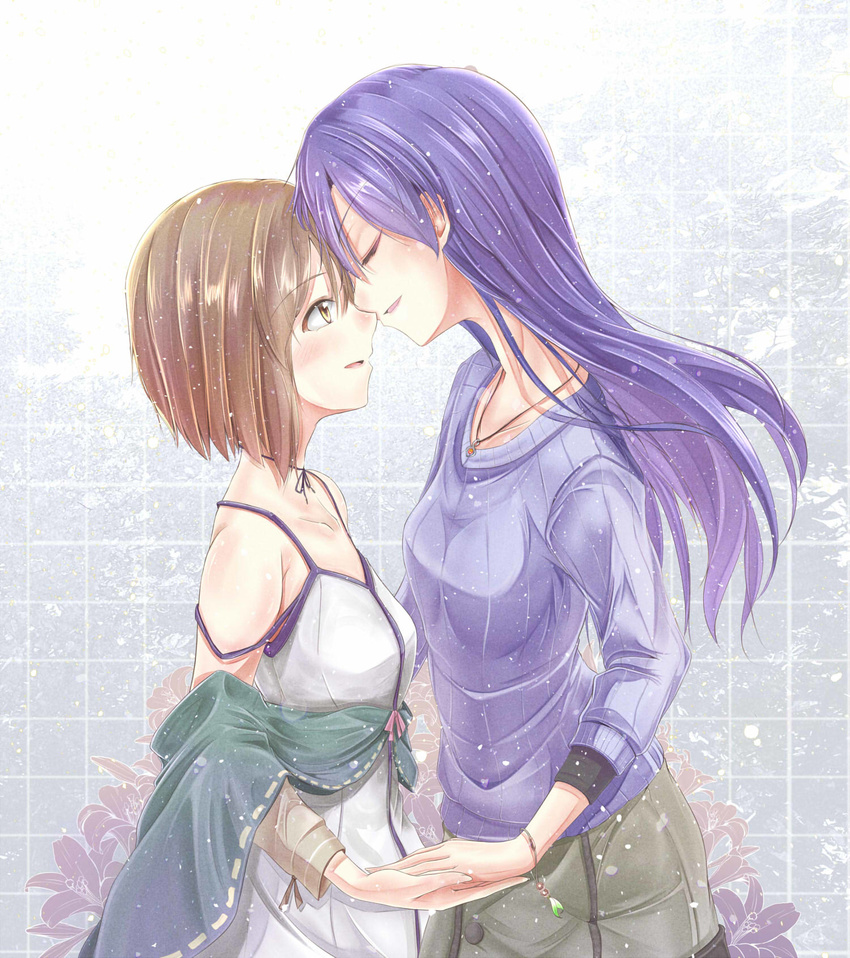 blue_hair bob_cut brown_eyes closed_eyes forehead-to-forehead hagiwara_yukiho highres idolmaster idolmaster_(classic) izuki_(toneya) kisaragi_chihaya long_hair multiple_girls ribbed_sweater short_hair smile sweater