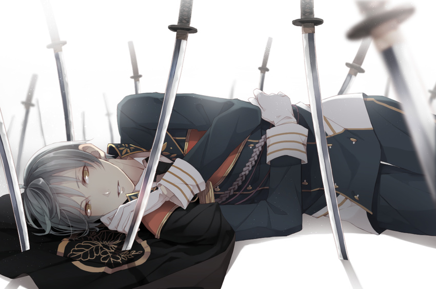 blue_hair cape gloves ichigo_hitofuri katana looking_at_viewer lying male_focus military military_uniform on_side parted_lips planted_sword planted_weapon solo sword touken_ranbu uniform weapon white_background white_gloves yugake_(mrnmrm)