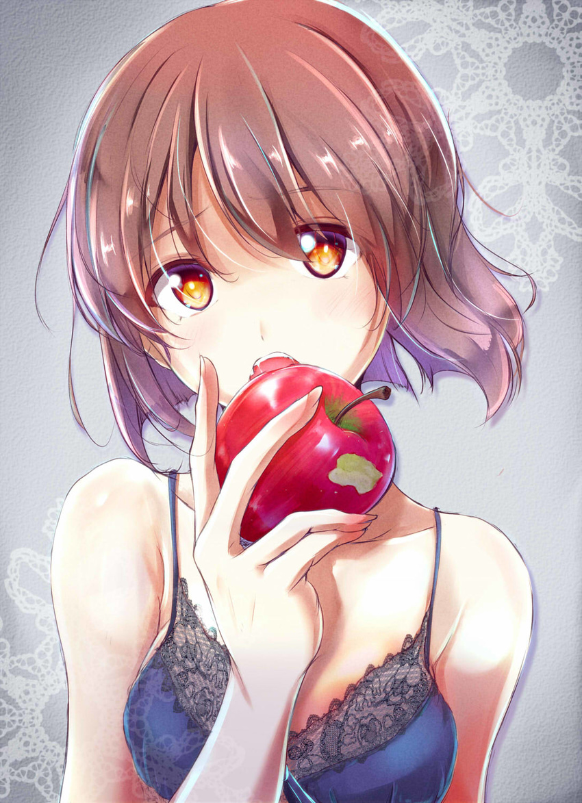 apple bob_cut bra brown_eyes brown_hair food fruit hagiwara_yukiho highres idolmaster idolmaster_(classic) izuki_(toneya) open_mouth short_hair solo underwear