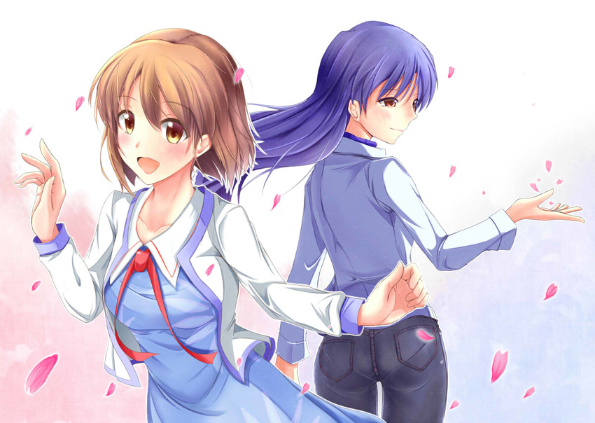 back-to-back blue_hair blush brown_eyes brown_hair hagiwara_yukiho idolmaster idolmaster_(classic) izuki_(toneya) kisaragi_chihaya long_hair multiple_girls open_mouth short_hair smile