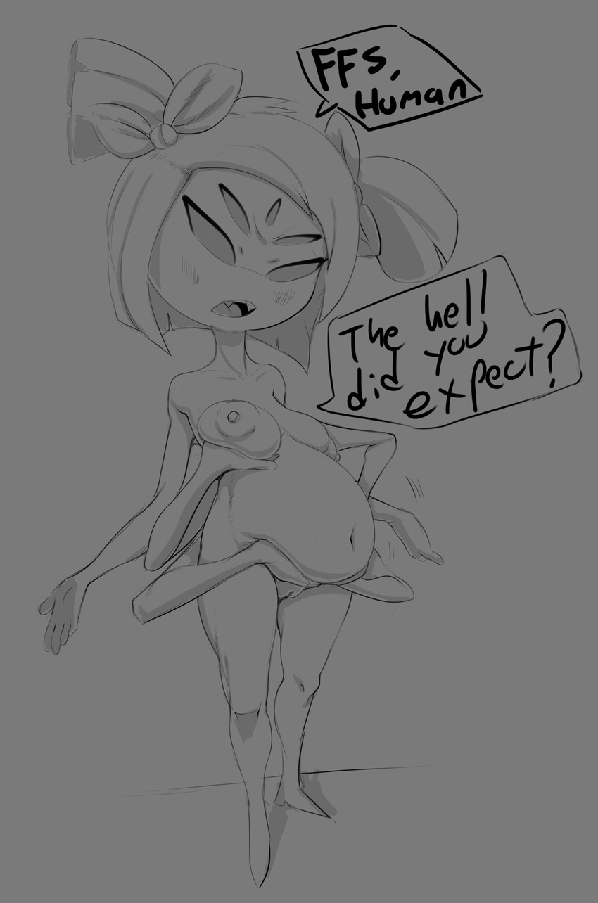 anthro arachnid arthropod blush breasts dialogue english_text fangs female greyscale monochrome muffet multi_limb multiple_arms multiple_eyes nude open_mouth pregnant pussy small_breasts speech_bubble text theboogie undertale