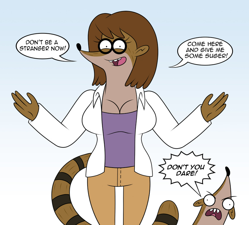 brown_hair cartoon_network chadrocco cleavage clothed clothing duo english_text female hair looking_at_viewer male mammal mother parent raccoon regular_show rigby's_mom rigby_(regular_show) text