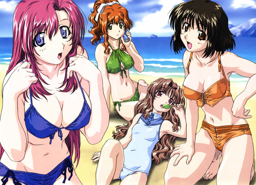 4girls :d :o absurdres armpits barefoot beach bikini black_hair blush bow breasts brown_eyes brown_hair can casual_one-piece_swimsuit cleavage cleavage_cutout cloud embarrassed feet flat_chest front-tie_top green_eyes hair_bow hand_on_hip hayashiya_shizuru herikawa_koishi highres hips kazami_mizuho kneeling large_breasts legs long_hair looking_at_viewer lying misumi_kaede morino_ichigo mountain multiple_girls navel ocean on_back one-piece_swimsuit onegai_teacher open_mouth orange_hair outdoors pink_eyes pink_hair ponytail popsicle purple_eyes red_eyes short_hair side-tie_bikini sitting sky smile swimsuit thighs uon_taraku water wavy_hair zipper