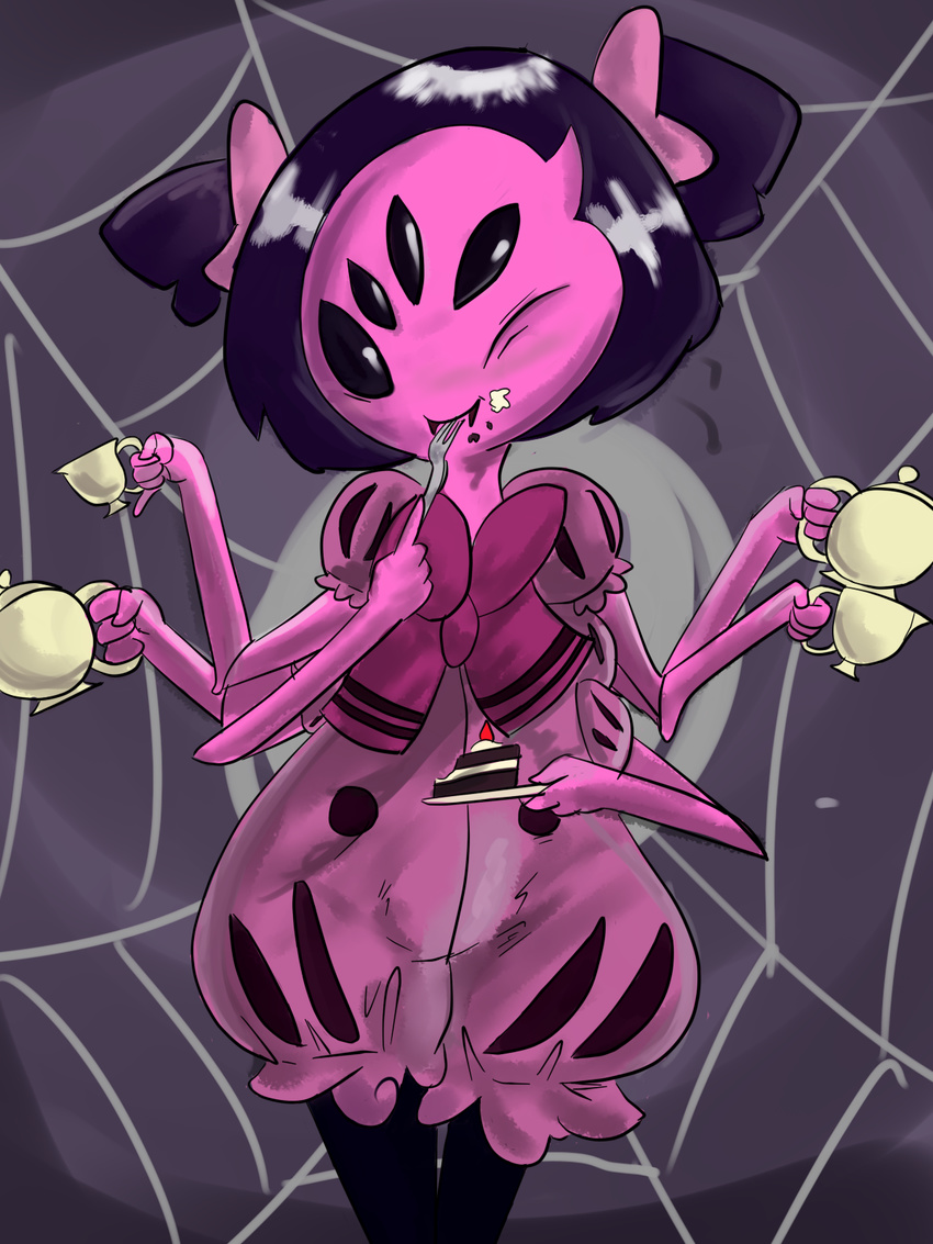 2015 anthro arachnid arthropod black_eyes black_hair blush clothing colored dress eating fangs female fork hair hair_bow muffet multi_limb multiple_eyes one_eye_closed purple_skin smile solo spider tea_cup tea_pot undertale vono