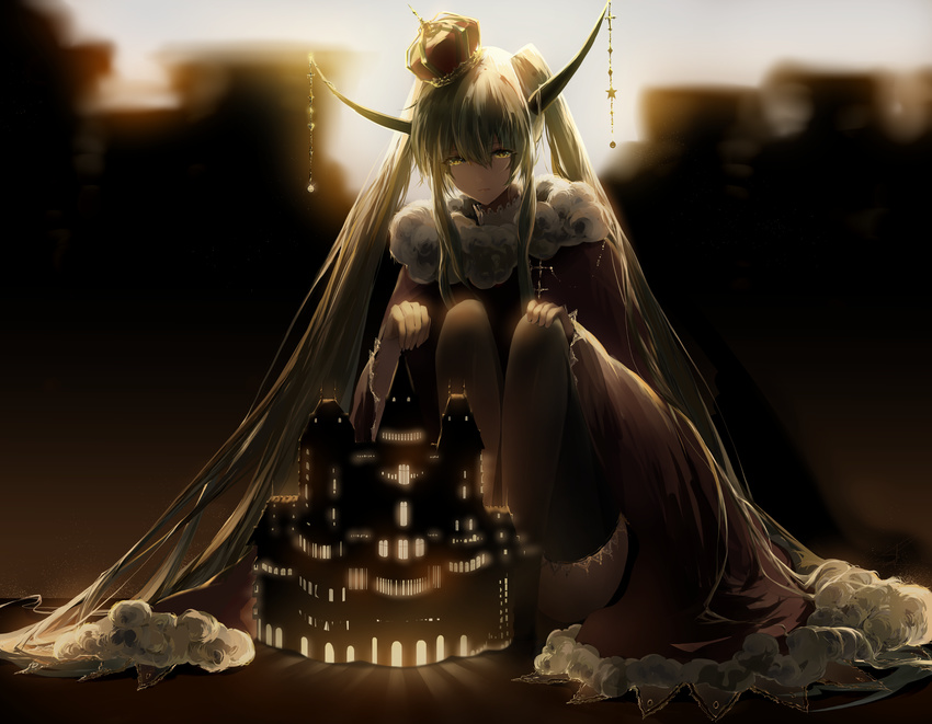 backlighting castle crown green_eyes green_hair hatsune_miku highres horns long_hair saihate_(d3) sitting solo the_beast_(vocaloid) thighhighs twintails very_long_hair vocaloid