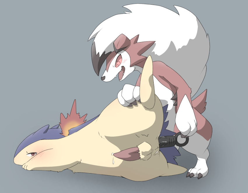 ambiguous_gender anal anal_penetration animal_genitalia balls blush butt butt_grab canine claws dildo duo feral fire hand_on_butt hi_res kemononoko lycanroc lying male male/ambiguous mammal midnight_lycanroc nintendo on_side open_mouth penetration penis pok&eacute;mon pok&eacute;mon_(species) precum red_eyes sex sex_toy tapering_penis teeth tongue typhlosion vein video_games