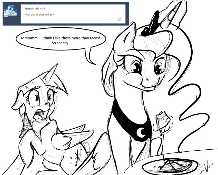 2015 eating english_text equine female feral food friendship_is_magic horn mammal my_little_pony princess_luna_(mlp) silfoe text twilight_sparkle_(mlp) winged_unicorn wings