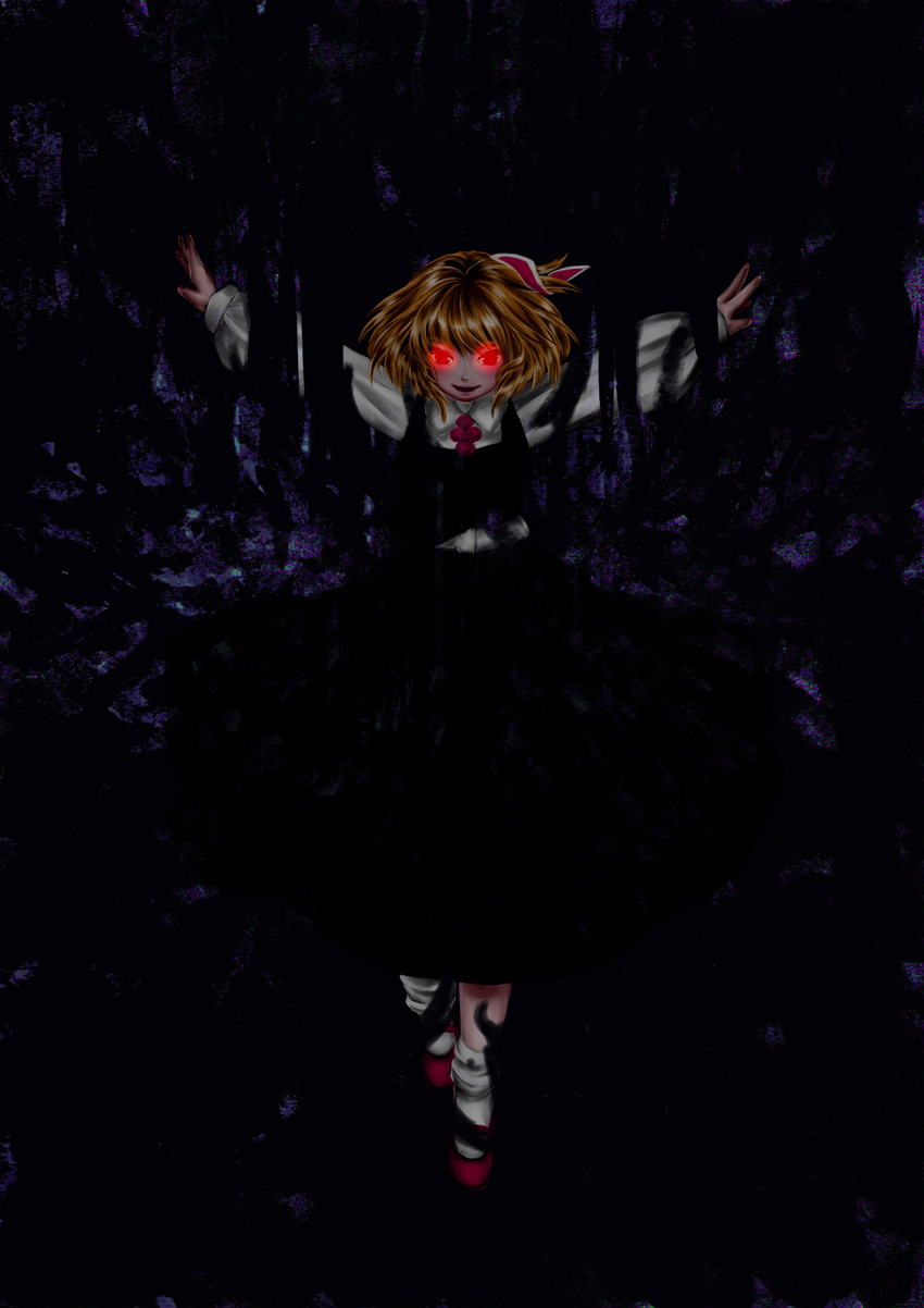 :d blouse darkness evil_smile ex-rumia glowing glowing_eyes highres mary_janes nagasehachi_koromoko open_mouth red_eyes red_footwear rumia shoes short_hair skirt smile touhou vest