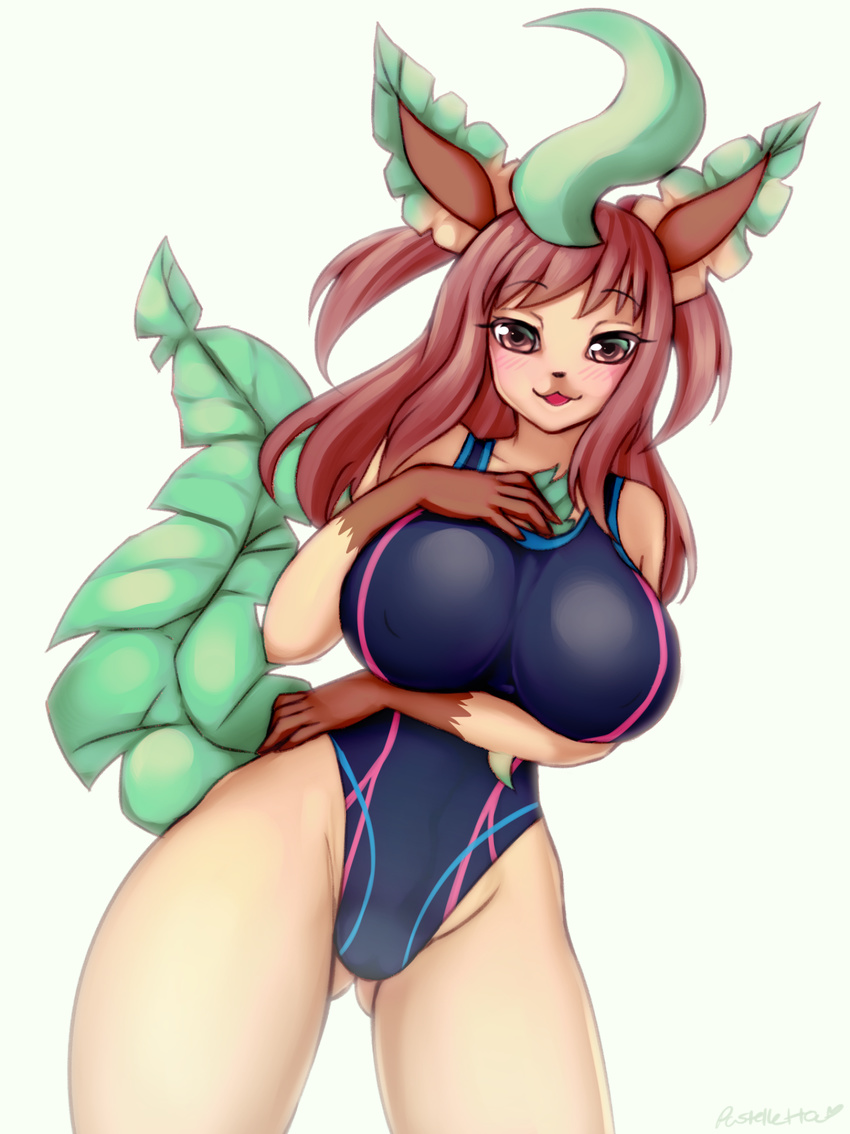 2015 anthro big_breasts blush breasts clothed clothing eeveelution female gloves green_skin hair hi_res leafeon long_hair looking_at_viewer nintendo open_mouth pastelletta pok&eacute;mon pok&eacute;morph red_eyes red_hair simple_background smile solo standing swimsuit tight_clothing video_games white_background wide_hips yellow_skin