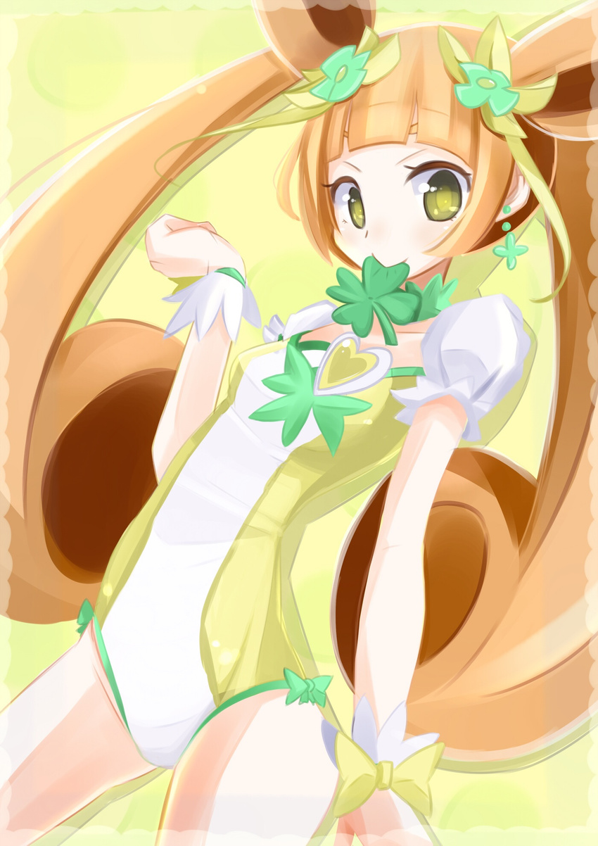 adapted_costume brown_hair choker clover cure_rosetta dokidoki!_precure dorasan four-leaf_clover green_choker highres leotard long_hair mouth_hold precure side-tie_leotard solo twintails white_leotard yellow_eyes yellow_leotard yotsuba_alice