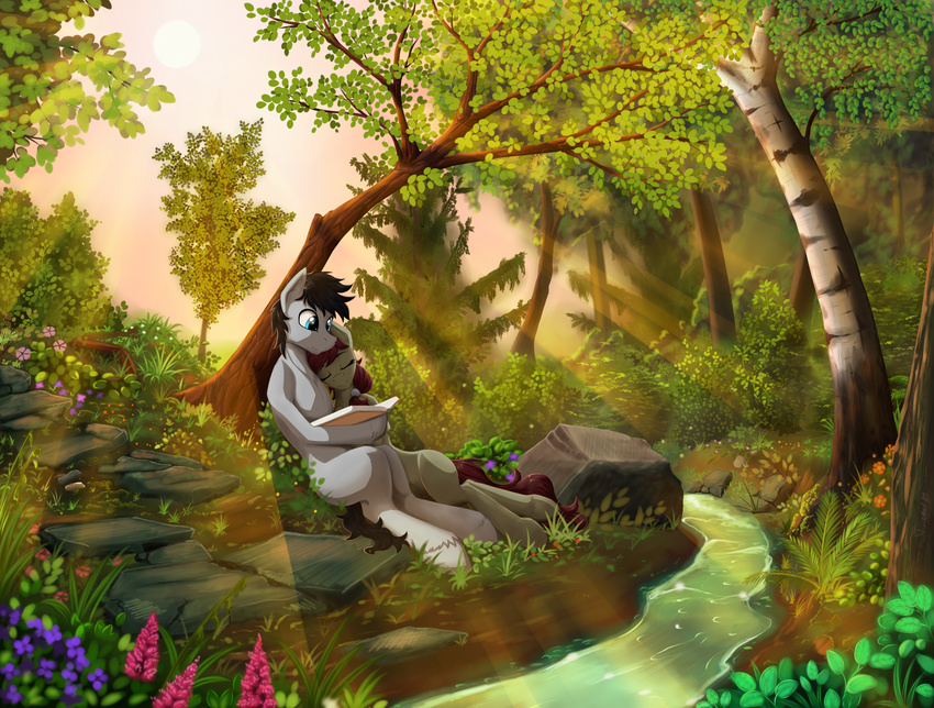 black_hair blue_eyes book creek cuddling equine eyes_closed fan_character female forest hair hi_res horse male mammal my_little_pony outside pony reading rock tree twotail813 water