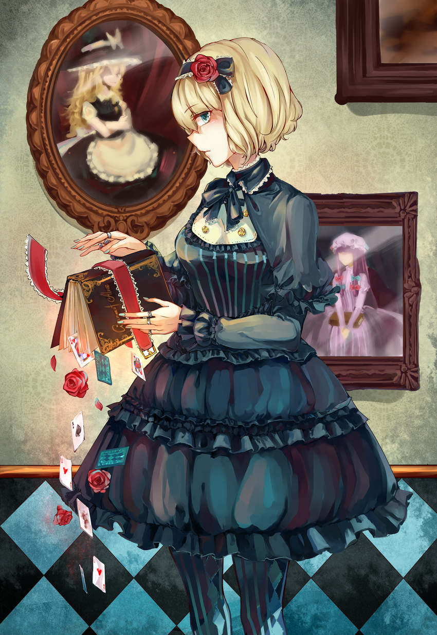 absurdres aili_(aliceandoz) alice_margatroid alternate_costume apron blonde_hair blue_eyes book capelet card checkered checkered_floor cowboy_shot expressionless fingernails flower grimoire_of_alice hair_flower hair_ornament hairband hat highres kirisame_marisa lolita_fashion lolita_hairband looking_at_viewer nail_polish neck_ribbon open_book pantyhose patchouli_knowledge photo_(object) playing_card profile puppet_rings red_flower red_rose ribbon rose short_hair sideways_glance solo standing striped striped_legwear touhou vertical-striped_legwear vertical_stripes waist_apron witch_hat