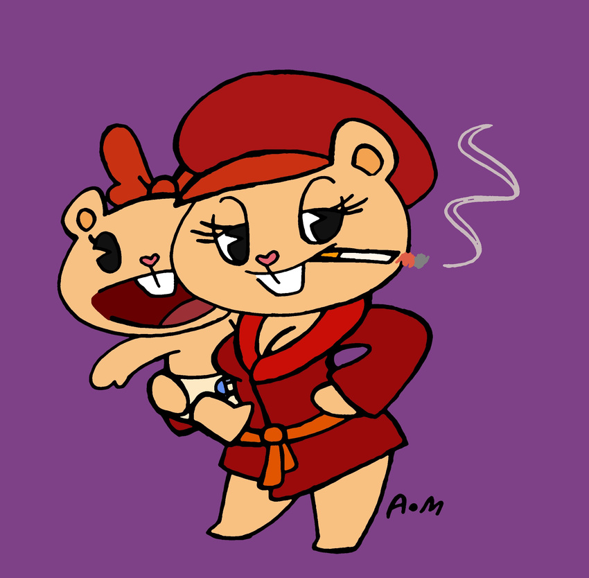 baby bear bow breasts cigarette cleavage clothed clothing crossgender cub cub_(htf) duo female fur happy_tree_friends hat mammal open_mouth pop_(htf) pumahtf purple_background robe simple_background smile tan_fur young