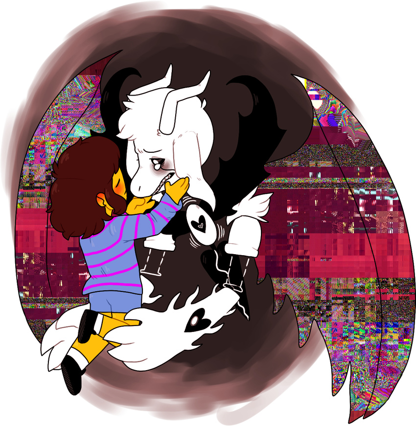 &lt;3 2015 ambiguous_gender asriel_dreemurr black_sclera brown_hair caprine crying duo eyes_closed fur goat hair horn hug long_ears male mammal monster protagonist_(undertale) sad spoiler spoilers tears teeth undertale white_fur wings yellow_skin young