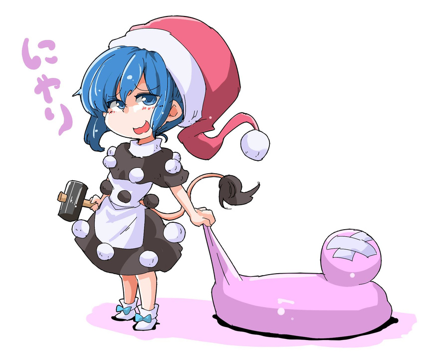 blob blue_eyes blue_hair doremy_sweet dream_soul dress hat head_bump highres mallet nightcap pom_pom_(clothes) shinapuu shirt short_hair skirt smile solo tail tapir_tail touhou