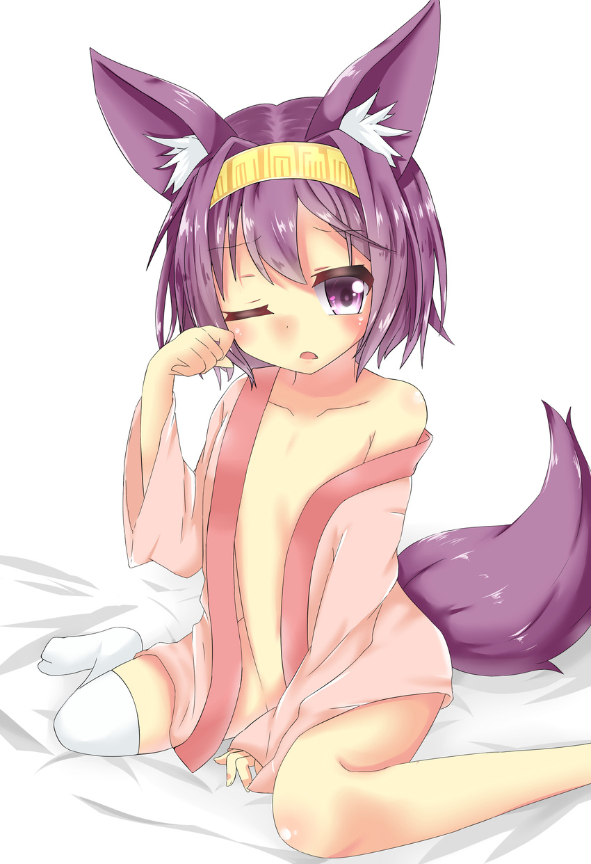 absurdres animal_ear_fluff animal_ears fang flat_chest fox_ears fox_tail hairband hatsuse_izuna highres no_game_no_life on_bed open_clothes purple_eyes purple_hair rubbing_eyes setsujou_mikene short_hair single_thighhigh sitting sitting_on_bed sleepy solo tail thighhighs wariza yellow_hairband