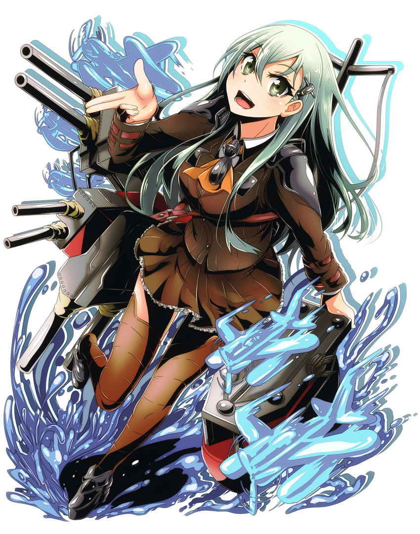 aqua_eyes aqua_hair ascot cannon highres kantai_collection long_hair looking_at_viewer md5_mismatch open_mouth school_uniform skirt solo suzuya_(kantai_collection) thighhighs tom_(drpow) turret