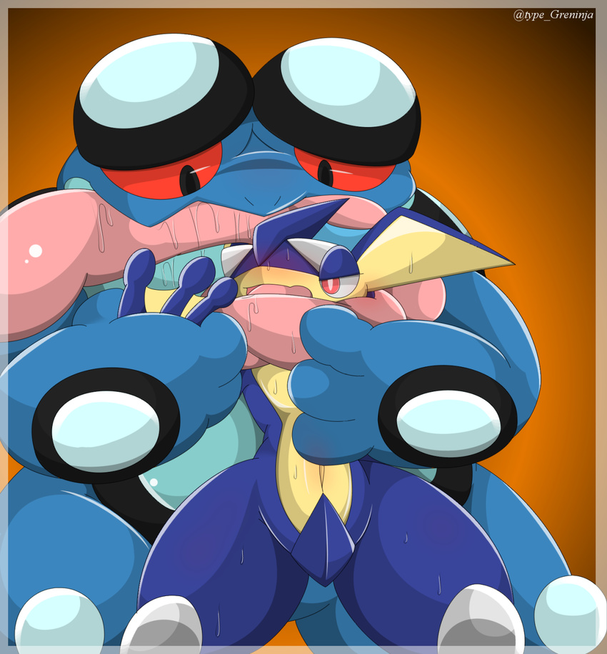 amphibian big_thighs female frog greninja long_tongue male nintendo pok&eacute;mon seismitoad size_difference tongue type video_games
