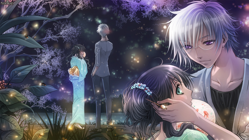 1girl ahoge artist_request back black_hair blush character_request couple fan glasses green_eyes grey_hair hair_ornament hand_in_pocket hetero highres japanese_clothes kimono lake leaf long_hair long_sleeves looking_back night obi psychic_hearts purple_eyes sandals sash shoes short_hair sky smile standing text_focus tree wallpaper water wide_sleeves