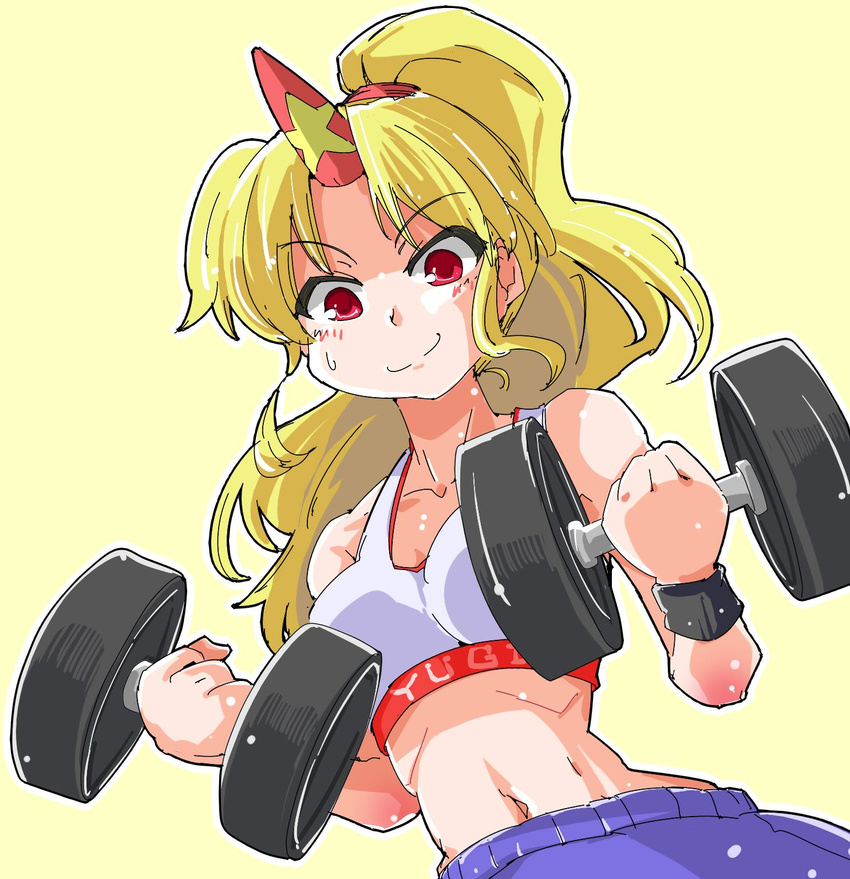 alternate_costume blonde_hair highres horn hoshiguma_yuugi long_hair ponytail shinapuu smile solo sports_bra touhou weightlifting