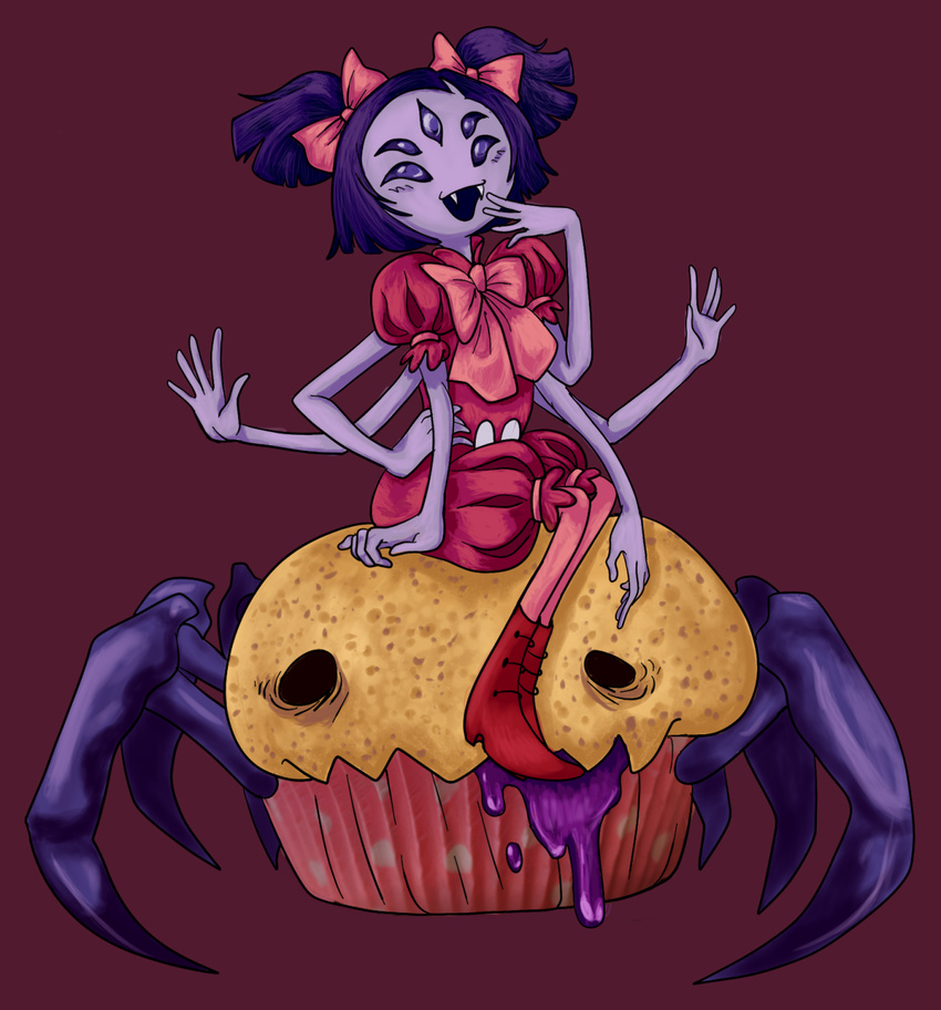 anthro arachnid arthropod clothing cupcake dress drooling duo fangs female food grey_skin hair hair_bow monster muffet multi_limb multiple_eyes open_mouth purple_eyes purple_hair saliva shroomcave smile spider undertale