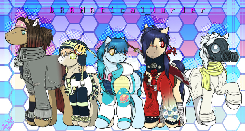 blue_hair clear_(dmmd) clothed clothing cringe crossover cutie_mark dramatical_murder earth_pony english_text equine feral friendship_is_magic gas_mask girly hair horse japanese_clothing koujaku long_hair looking_at_viewer machine male mammal mink_(dmmd) my_little_pony nitro+chiral noiz_(dmmd) pony ponypaws robot smile text video_games what why