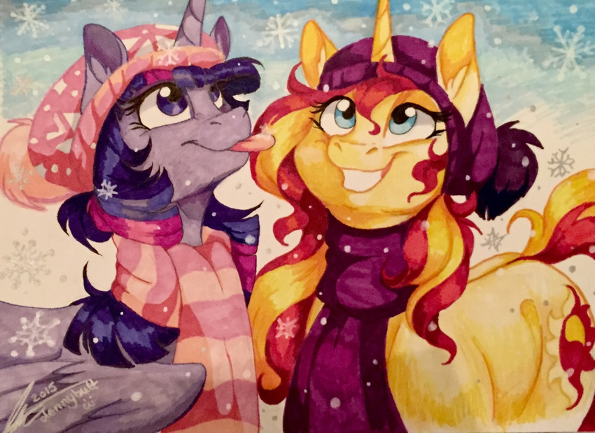 2015 cutie_mark cyan_eyes dennybutt duo equestria_girls equine female feral friendship_is_magic fur hair hat horn mammal marker_(artwork) multicolored_hair my_little_pony purple_eyes purple_fur scarf smile snow snowflake sunset_shimmer_(eg) tongue tongue_out traditional_media_(artwork) twilight_sparkle_(mlp) two_tone_hair unicorn winged_unicorn wings yellow_fur