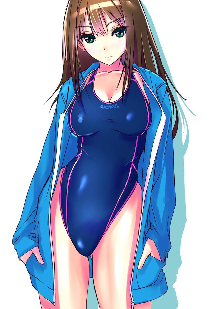 brown_hair collarbone competition_swimsuit earrings green_eyes hands_in_pockets highres idolmaster idolmaster_cinderella_girls jacket jewelry long_hair nenchi one-piece_swimsuit shibuya_rin simple_background solo standing swimsuit