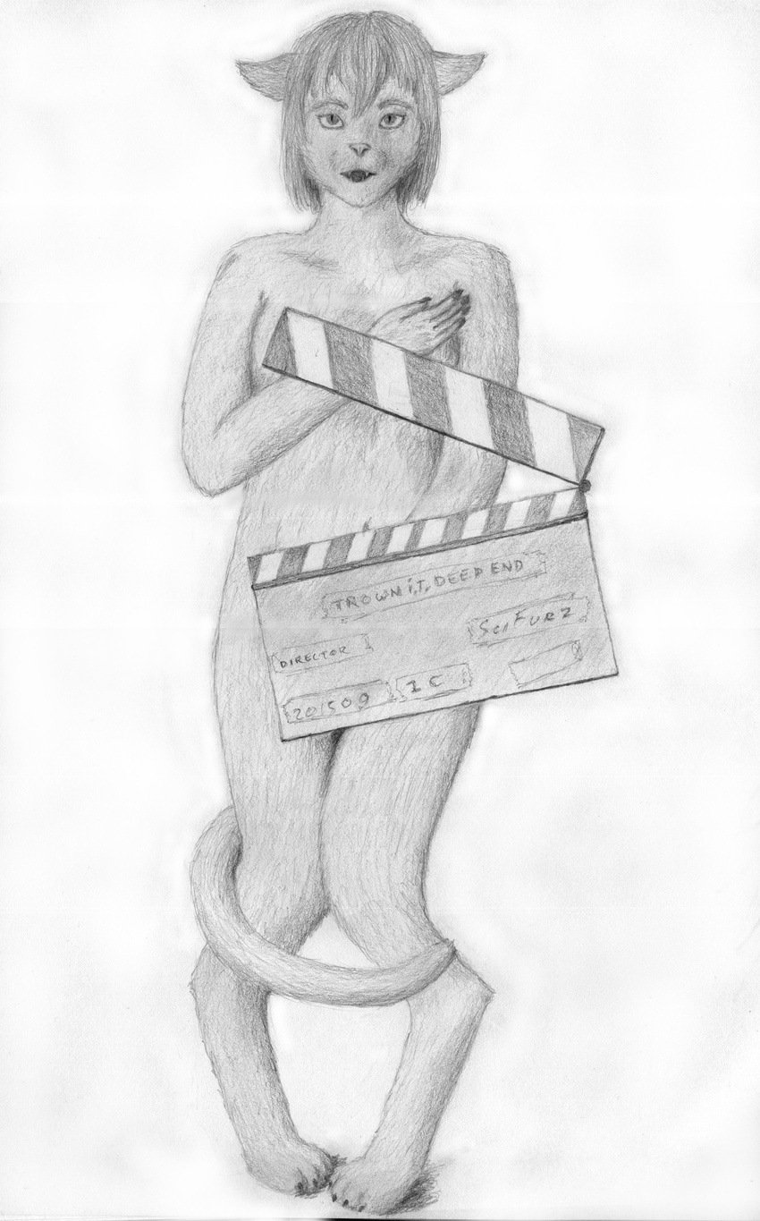 2015 clapperboard convenient_censorship feline female fur hi_res humanoid looking_at_viewer mammal nude pencil_(artwork) portrait scifurz simple_background solo standing traditional_media_(artwork) white_background