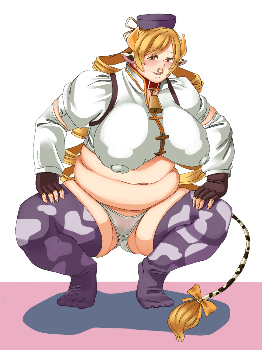 1girl bell belly blonde_hair breasts collar cow_girl cow_tail drill_hair fat horns huge_breasts mahou_shoujo_madoka_magica navel nose_ring piercing sakumatyann solo tail tomoe_mami twin_drills yellow_eyes