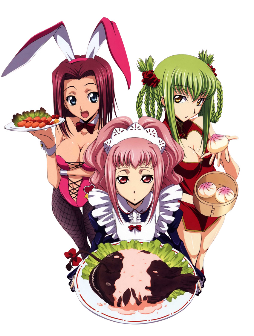 3girls absurdres alternate_costume animal_ears anya_alstreim braid breasts bunny_ears bunnysuit c.c. china_dress chinese_clothes cleavage cleavage_cutout code_geass dress enmaided female fishnet_pantyhose fishnets food highres kallen_stadtfeld looking_at_viewer maid multiple_girls pantyhose render smile