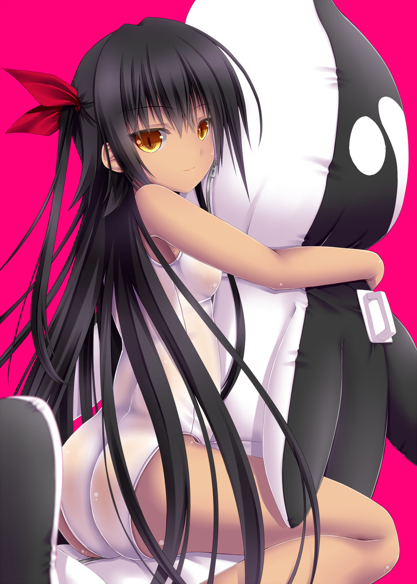 ass black_hair dark_skin doll_hug hair_ribbon highres hug long_hair looking_at_viewer master_nemesis object_hug ribbon shouyan slit_pupils smile solo straddling stuffed_toy stuffed_whale to_love-ru to_love-ru_darkness two_side_up very_long_hair yellow_eyes