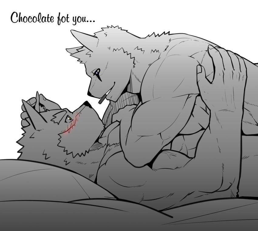 6graycloudp biceps blush candy canine chocolate clothed clothing duo food half-dressed male male/male mammal text topless wolf