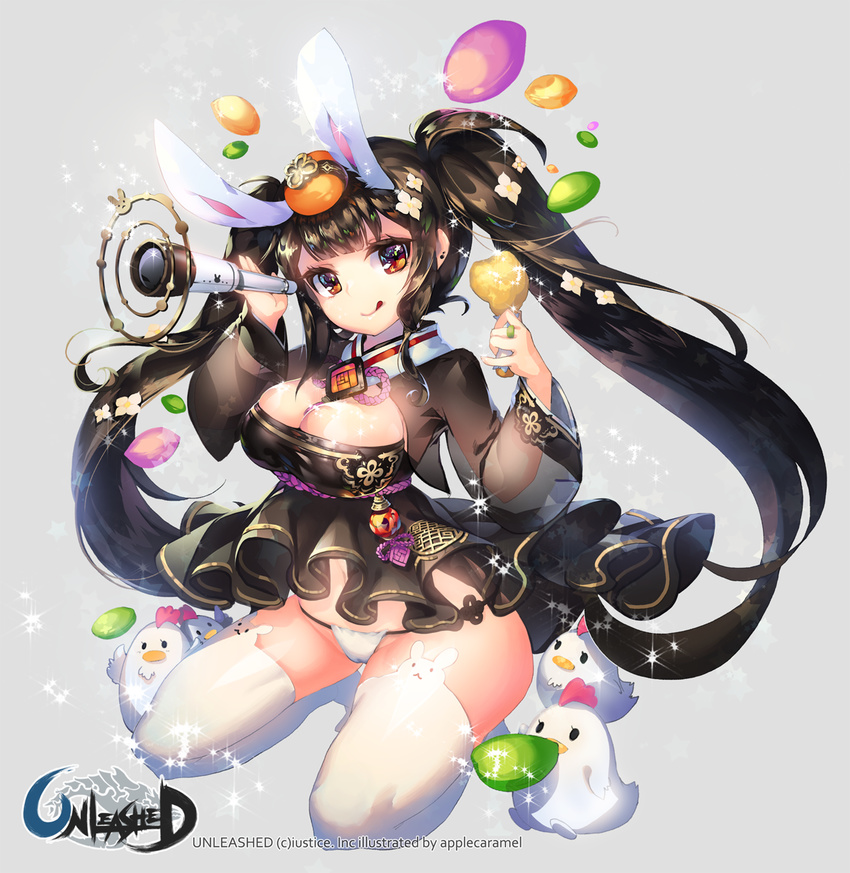:q animal animal_ears apple_caramel bird black_dress breasts bunny_ears chicken cleavage cleavage_cutout dress flower food grey_background hair_flower hair_ornament highres kneeling large_breasts long_hair orange_eyes panties pantyshot solo sparkle sweets telescope tongue tongue_out twintails underwear unleashed white_panties