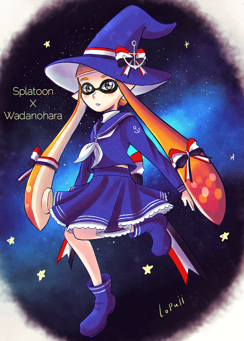 artist_name boots copyright_name cosplay domino_mask dress grey_eyes hat highres inkling looking_at_viewer lopuii mask oounabara_to_wadanohara pointy_ears ribbon sailor_dress sailor_hat skirt solo splatoon_(series) splatoon_1 tentacle_hair wadanohara wadanohara_(cosplay) witch_hat