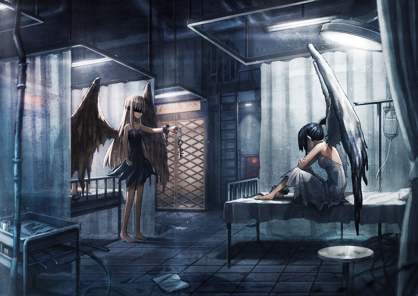 bands bare_shoulders barefoot bed blindfold cuffs dress feathered_wings hospital hospital_bed intravenous_drip key long_hair multiple_girls original ponytail shackles sitting standing toi_(number8) wings