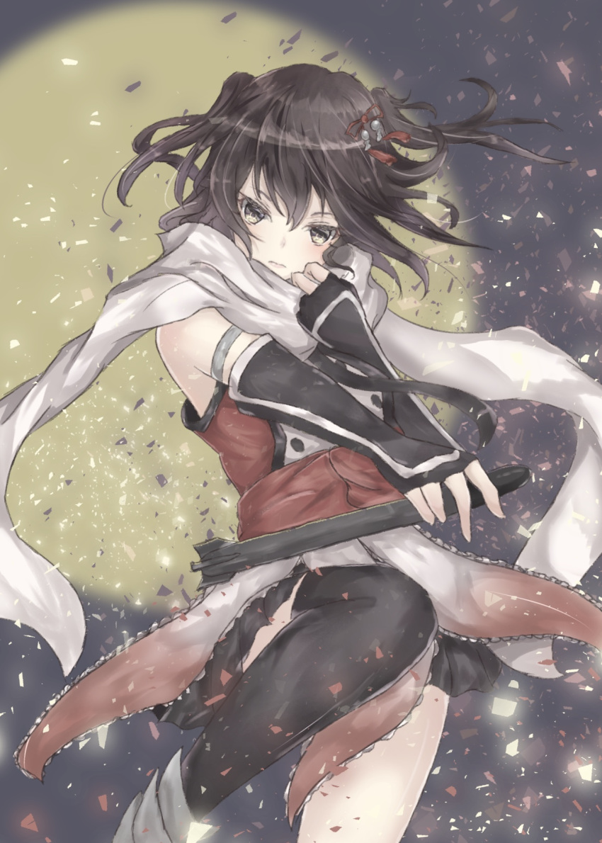 1girl black_gloves black_hair black_neckwear black_skirt brown_eyes double-breasted elbow_gloves feet_out_of_frame fingerless_gloves full_moon gloves hair_ornament highres kantai_collection looking_at_viewer moon neckerchief remodel_(kantai_collection) sa-ya2 scarf school_uniform sendai_(kantai_collection) serafuku single_thighhigh skirt solo standing thighhighs torpedo two_side_up white_scarf