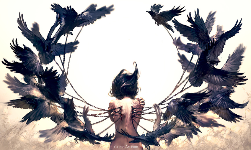 animal bird black_hair blood chain commentary corset_piercing crow flock from_behind long_hair nude original pain poem scratches self_hug solo symbolism watermark web_address wenqing_yan
