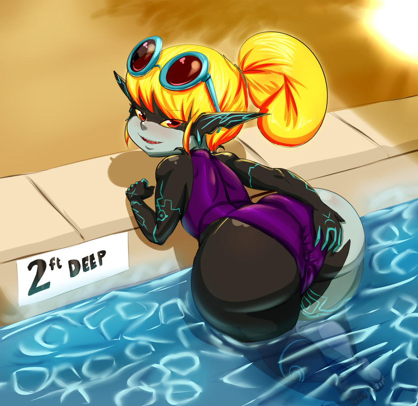 alternate_hairstyle ass bent_over black_skin blush cameltoe commentary competition_swimsuit english_commentary eyewear_on_head fang grey_skin highres huge_ass imp long_hair looking_back midna multicolored multicolored_skin one-piece_swimsuit orange_hair partially_submerged pointy_ears pool poolside purple_swimsuit red_eyes short_ponytail smile soles solo spread_anus_under_clothes spread_ass sunglasses swimsuit the_con the_legend_of_zelda the_legend_of_zelda:_twilight_princess thick_thighs thighs two-tone_skin yellow_sclera