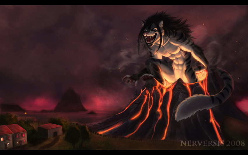 anthro black_hair black_stripes blue_eyes canine city daswolf fangs fur glowing grey_fur hair house inkydemon lava macro male mammal muscular night open_mouth outside solo stripes tree volcano wolf