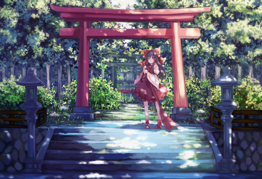 armband black_hair bow broom bush dappled_sunlight dead_line detached_sleeves forest grass hair_bow hair_tubes hakurei_reimu highres long_hair looking_afar moss multiple_torii nature peaceful red_eyes red_skirt skirt solo stairs standing stone_lantern stone_walkway stone_wall sunlight torii touhou tree wall wide_sleeves