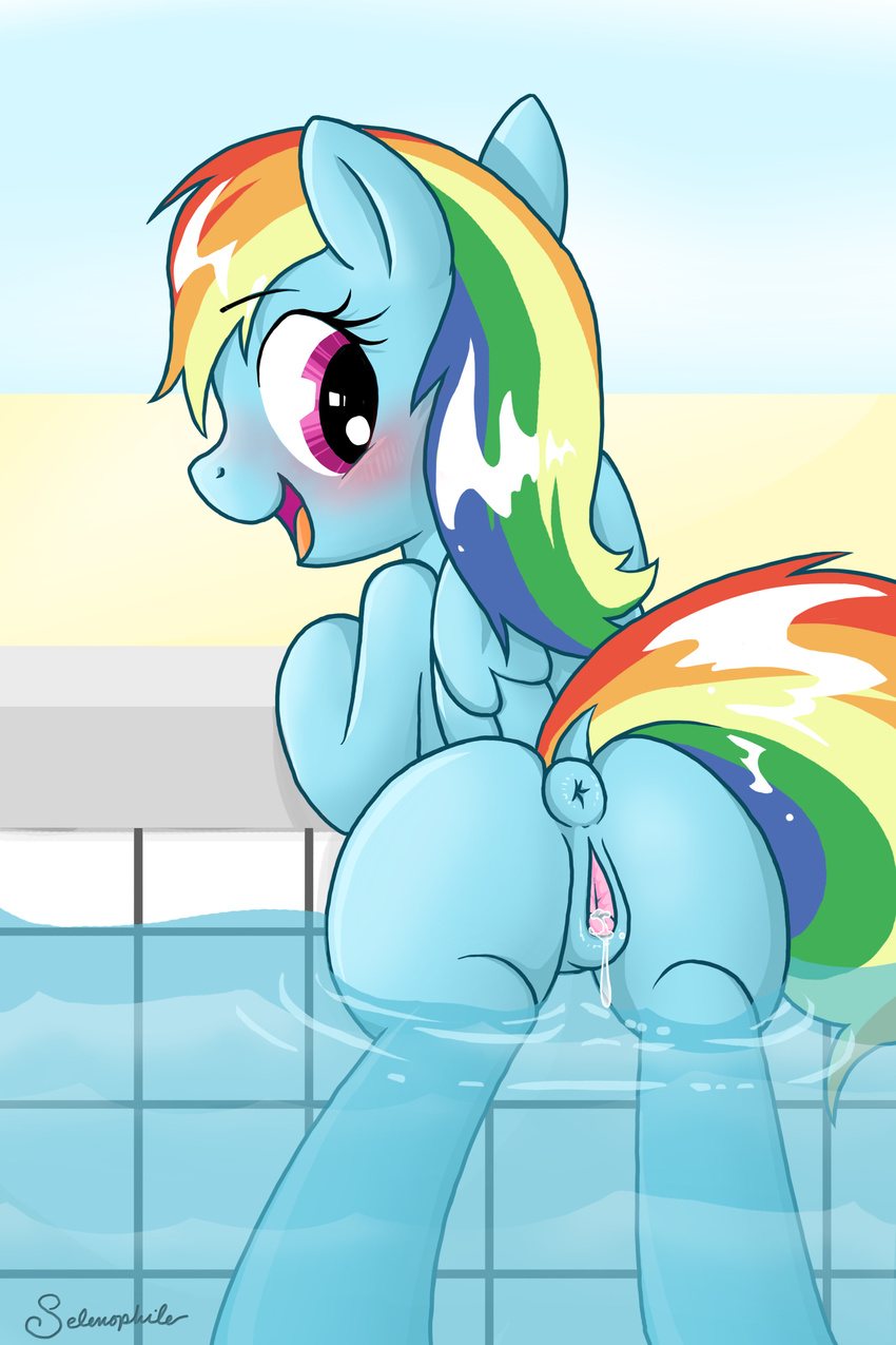 anatomically_correct anatomically_correct_anus anatomically_correct_pussy anus big_eyes blue_skin clitoris equine female friendship_is_magic hair horse looking_back mammal multicolored_hair my_little_pony open_mouth pony pool_(disambiguation) pussy pussy_juice rainbow_dash_(mlp) rainbow_hair selenophile smile solo tongue wings