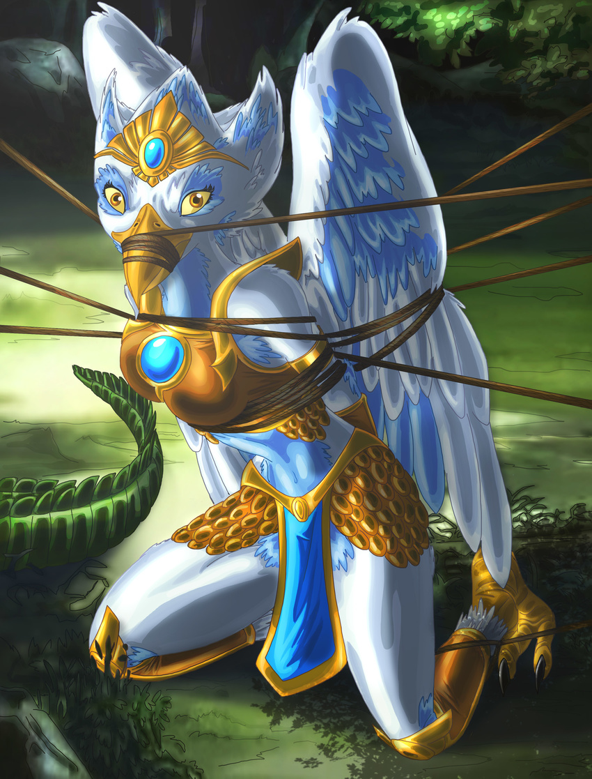 alligator anthro armor bdsm beak blue_feathers bondage bound breasts erikson1 eris eyelashes feathers female legends_of_chima lego looking_at_viewer navel open_mouth outside reptile rope scalie talons white_feathers yellow_eyes