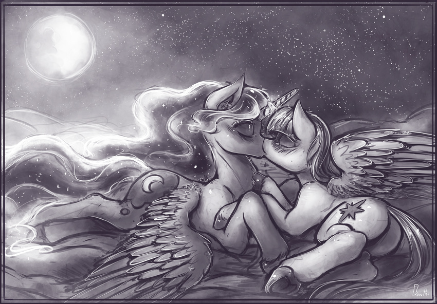 2015 bantha blush butt cutie_mark equine eyes_closed female female/female feral friendship_is_magic full_moon hair hi_res hooves horn kissing long_hair lying mammal monochrome moon my_little_pony outside princess_luna_(mlp) solo twilight_sparkle_(mlp) underhoof winged_unicorn wings