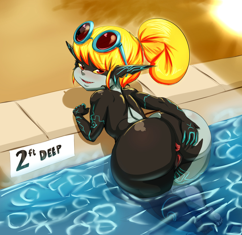 alternate_hairstyle anus ass bent_over black_skin blush eyewear_on_head fang grey_skin highres huge_ass imp long_hair looking_back midna multicolored multicolored_skin nude orange_hair partially_submerged pointy_ears pool poolside pussy red_eyes short_ponytail smile soles solo spread_ass sunglasses the_con the_legend_of_zelda the_legend_of_zelda:_twilight_princess two-tone_skin uncensored yellow_sclera